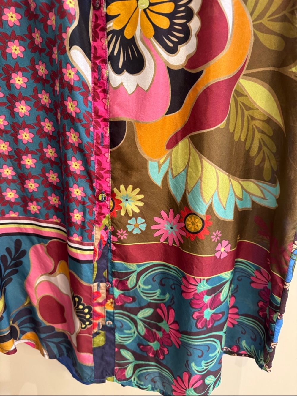 Johnny Was Silk Multicolor Floral Patchwork Blouse with Navy Base - Picture 5 of 7